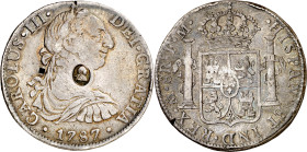 Gran Bretaña. (1797). Contramarca busto de Jorge III en óvalo (De Mey 659), aplicada por el Banco de Inglaterra en 1797, sobre 8 reales de Carlos III,...