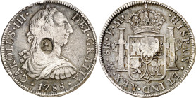 Gran Bretaña. Contramarca falsa de época, busto de Jorge III en óvalo (De Mey 659 sim) del tipo aplicado por el Banco de Inglaterra en 1797, sobre 8 r...