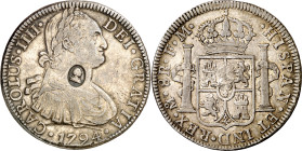 Gran Bretaña. Contramarca falsa de época, busto de Jorge III en óvalo (De Mey 659 sim) del tipo aplicado por el Banco de Inglaterra en 1797, sobre 8 r...