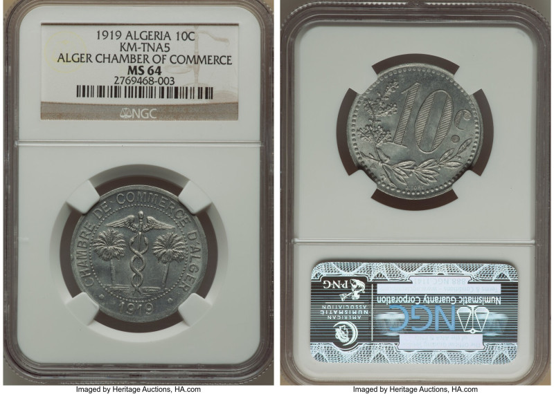 French Occupation aluminum "Alger Chamber of Commerce" 10 Centimes 1919 MS64 NGC...