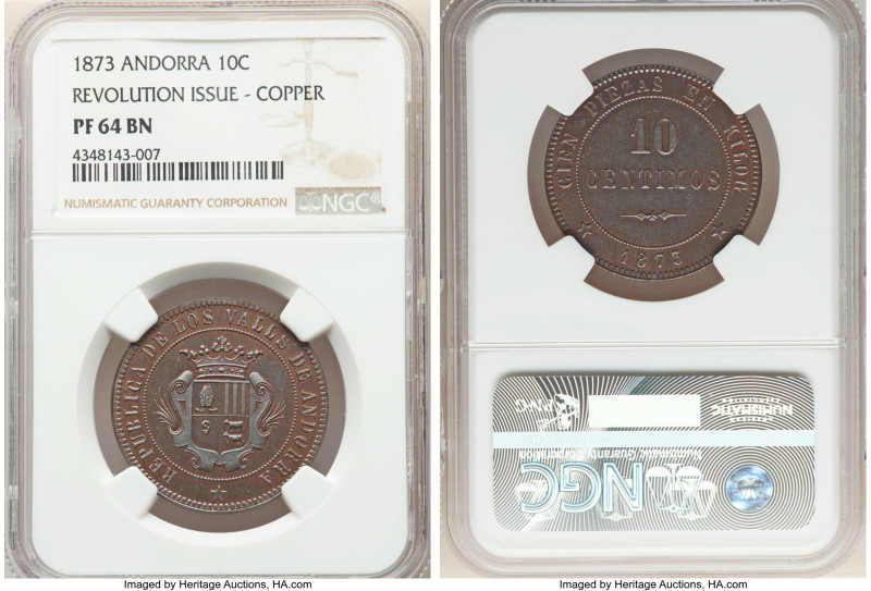 Republic copper Proof 10 Centimos 1873 PR64 Brown NGC, KM-X2. Revolutionary issu...