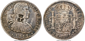 George III Counterstamped 6 Shilling 1 Penny ND (1810-1818) XF40 PCGS, KM4.1. Counterstamp (XF Details) crowned "GR" upon Mexico 8 Reales 1811 Mo-HJ (...