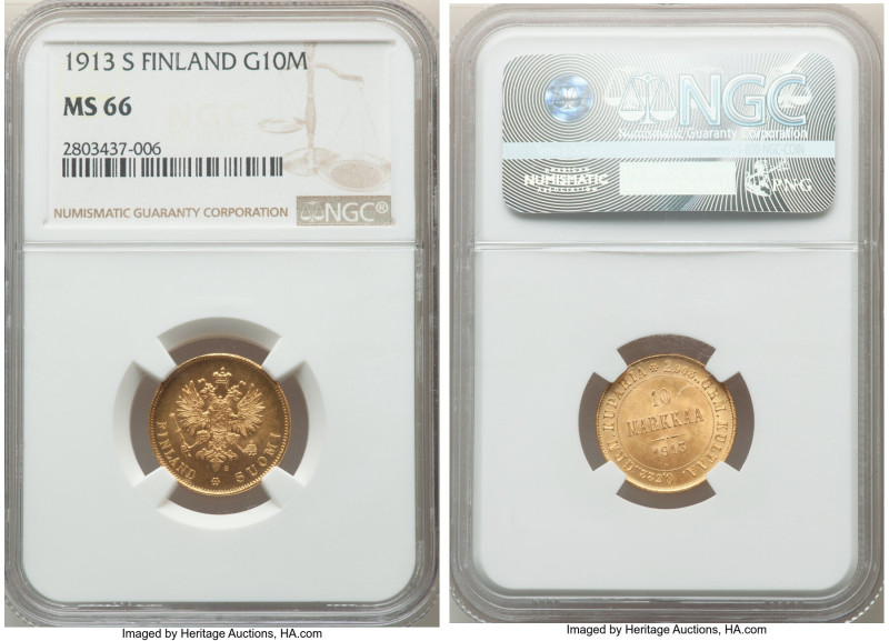 Russian Duchy. Nicholas II gold 10 Markkaa 1913-S MS66 NGC, Helsinki mint, KM8.2...