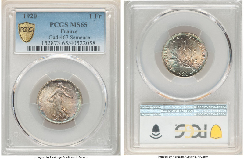 Republic Franc 1920 MS65 PCGS, Paris mint, KM844.1, Gad-467. A glamourous repres...