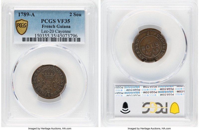Cayenne. French Colony 2 Sous 1789-A VF35 PCGS, Paris mint, KM1, Lec-20. From th...