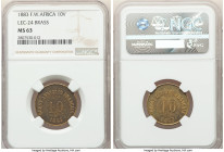 French Colony brass 10 Units 1883 MS63 NGC, KM-Tn8, Lec-24. A minimalistic design enriched by flashy dandelion and olive surfaces. From the Archipelag...