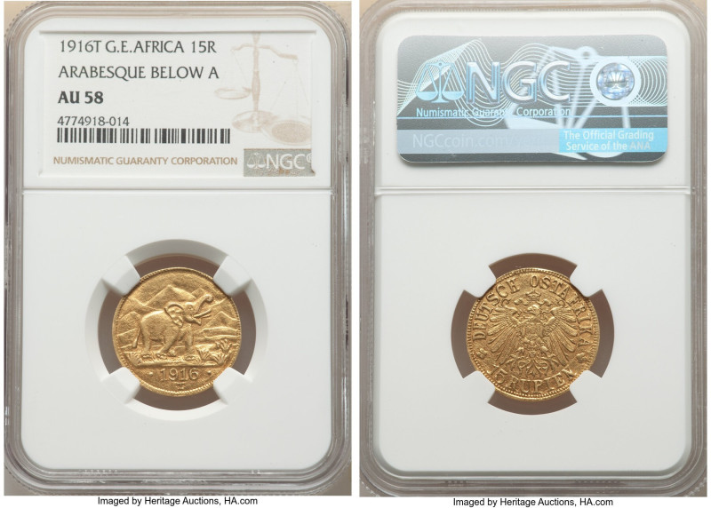 German Colony. Wilhelm II gold 15 Rupien 1916-T AU58 NGC, Tabora mint, KM16.2. A...