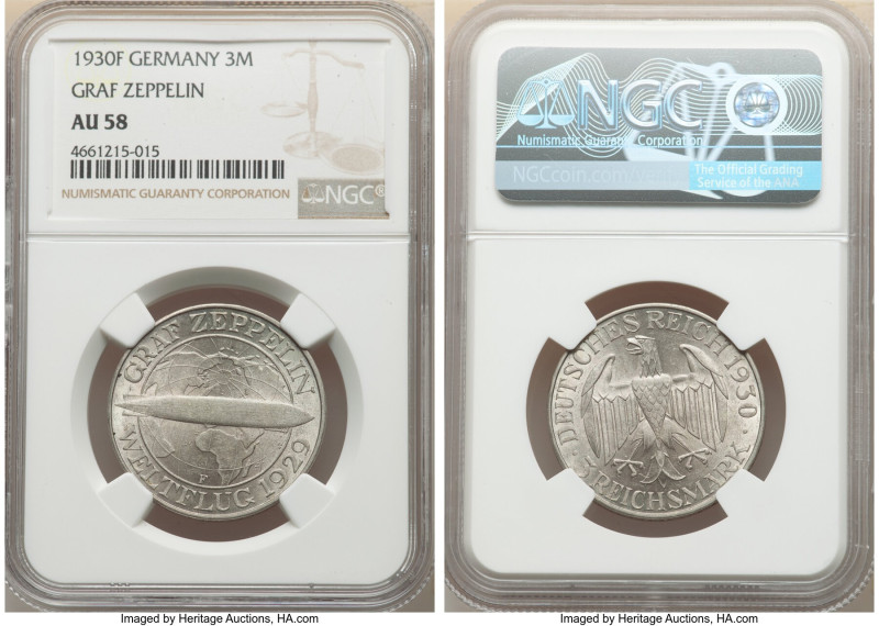 Weimar Republic "Zeppelin" 3 Mark 1930-F AU58 NGC, Stuttgart mint, KM67. A "Flig...