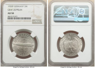 Weimar Republic "Zeppelin" 3 Mark 1930-F AU58 NGC, Stuttgart mint, KM67. A "Flight of the Graf Zeppelin" commemorative intensified by revolving luster...