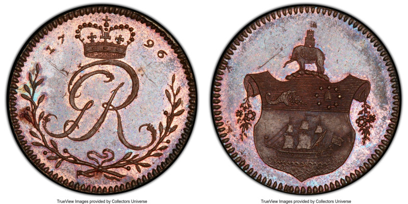 British Outpost. George III bronzed-copper Pattern Tackoe 1796 PR64 PCGS, Soho m...