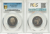 British Outpost. George III Proof 1/2 Ackey 1818 PR63 PCGS, Heaton mint, KM8. Displaying a pleasing array of patination particularly strong in steel b...