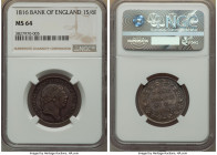 George III 1 Shilling 6 Pence (18 Pence) Bank Token 1816 MS64 NGC, Soho mint, KM-Tn3, S-3772. An impressive survivor from the final year of this short...
