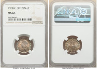 Victoria 6 Pence 1900 MS65 NGC, KM779, S-3941. A beautiful gem covered in a wash of peach toning that blends into aqua coloration at the peripheries, ...