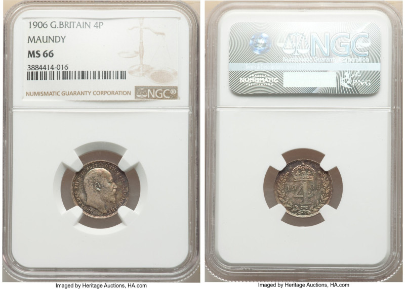 Edward VII 4-Piece Certified Maundy Set 1906 NGC, 1) Penny MS66, KM795 2) 2 Penc...