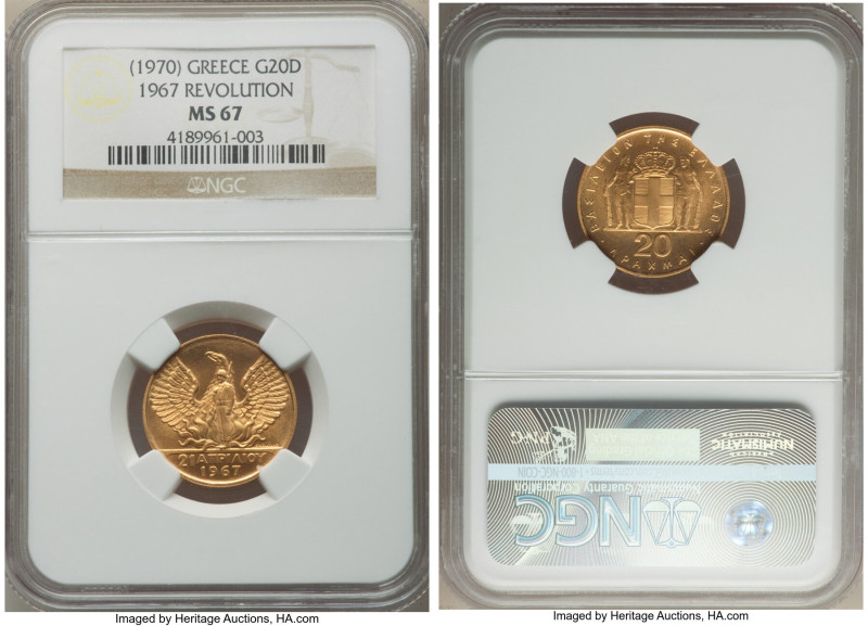 Constantine II gold "1967 Revolution" 20 Drachmai ND (1970) MS67 NGC, KM92. From...