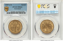 Danish State Krone 1957 (h)-CS MS66 PCGS, Copenhagen mint, KM10. Issued by the Royal Greenland Trade Company. From the Archipelago Collection 

HID098...