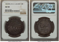 Central American Republic 8 Reales 1824 NG-M AU50 NGC, Nueva Guatemala mint, KM4. Boasting a lovely cabinet tone with rainbow hues across the precisel...