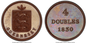 British Dependency bronzed copper Proof 4 Doubles 1830 PR64 PCGS, KM2a. A silky issue with rainbow toning reminiscent of soap bubble iridescence. From...
