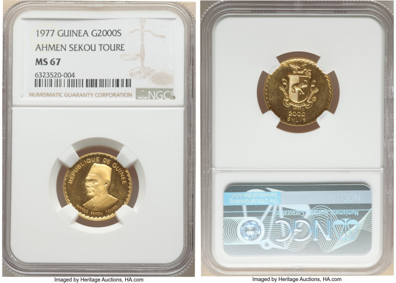 Republic gold "Ahmen Sekou Toure" 2000 Syli 1977 MS67 NGC, KM51. From the Archip...