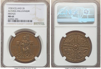 Republic bronze "Althing Millenium" 2 Kronur 1930 MS62 NGC, Muldenhutten mint, KM-X1. Mintage: 20,000. One year type. From the Archipelago Collection ...