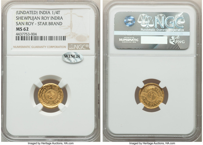 Shewpujan Roy Indra San Roy gold 1/4 Tola ND MS62 NGC, KM-X83. From the Archipel...