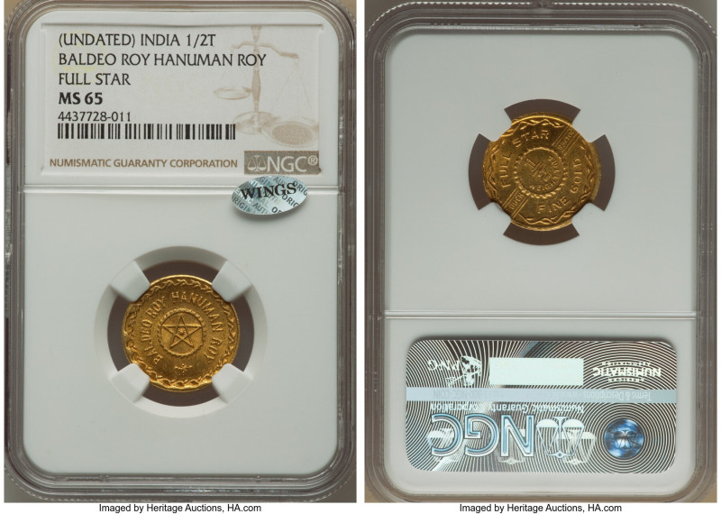 Hanuman Roy Baldeo Roy gold 1/2 Tola ND MS65 NGC, cf. KM-X83 (resembles this Tol...