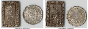 Meiji Pair of Uncertified Assorted Issues, 1) Bu (Ichibu) ND (1868-1869) - XF, 25x16mm. 8.61gm. 2) 10 Sen Year 9 (1876) - UNC (Cleaned), 18mm. 2.67gm....