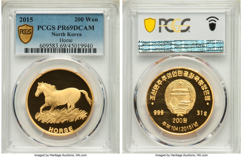 North Korea. Democratic People's Republic gold Proof "Horse" 200 Won 2015 PR69 D...