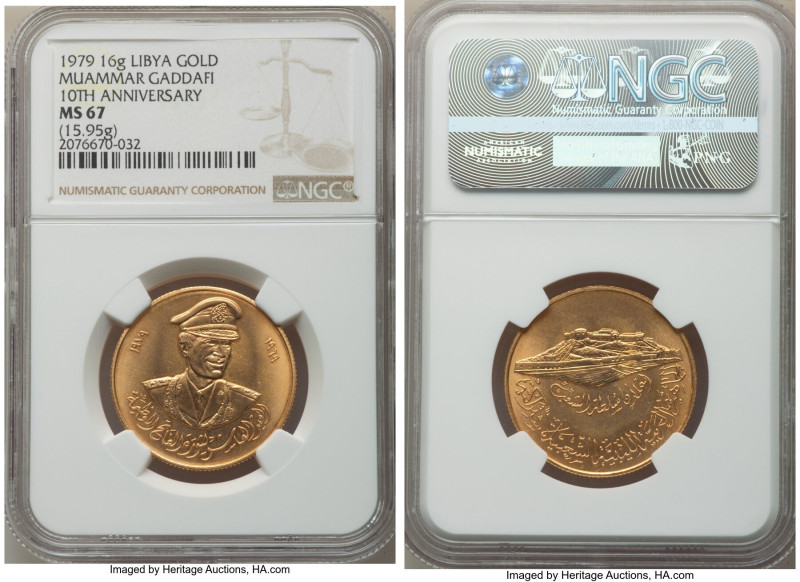 Republic gold "Muammar Gaddafi - 10th Anniversary" Medal 1979 MS67 NGC, KM-X5. 1...