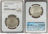 Portuguese Colony 5 Patacas 1952 MS65 NGC, KM5. A shimmering gem graced with pearlescent champagne toning. From the Archipelago Collection 

HID098012...