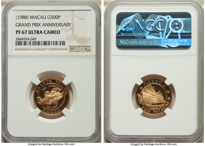 Republic gold Proof "Grand Prix Anniversary" 500 Patacas 1988 PR67 Ultra Cameo N...