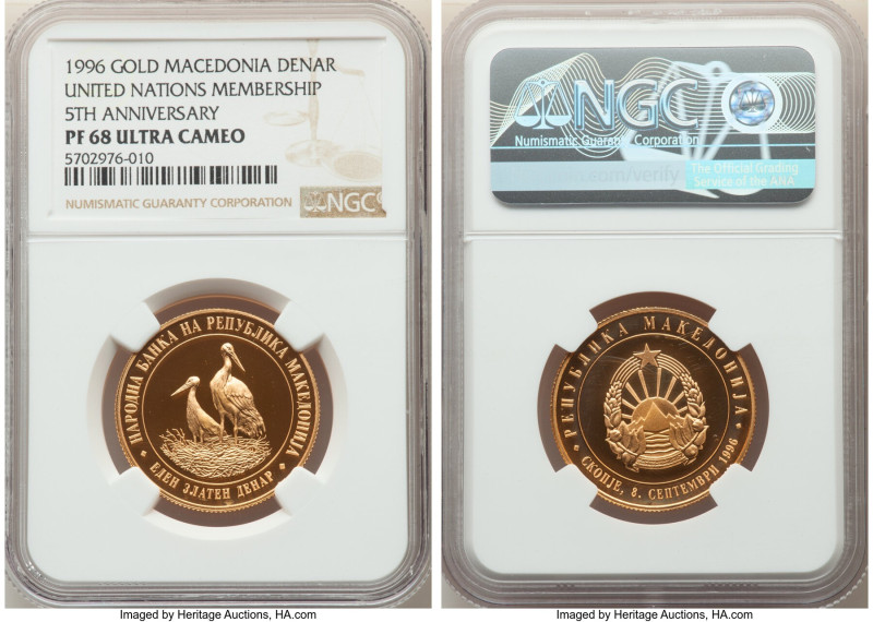 Republic gold Proof "United Nations Membership 5th Anniversary" Denar 1996 PR68 ...
