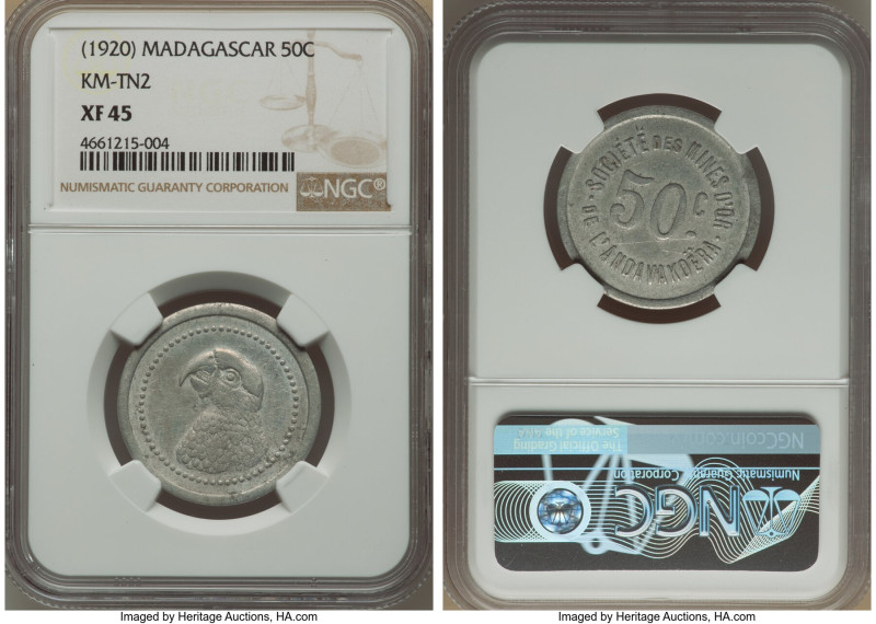 French Colony aluminum 50 Centimes 1920 XF45 NGC, KM-Tn2. Though admitting signs...