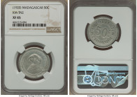 French Colony aluminum 50 Centimes 1920 XF45 NGC, KM-Tn2. Though admitting signs of circulation, this piece retains eye appeal with champagne toning b...
