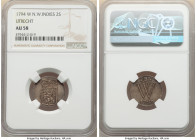 Utrecht. Provincial 2 Stuivers 1794 AU58 NGC, KM1. An impressive piece for the grade bearing sharp devices all dressed in peach and gunmetal toning. F...