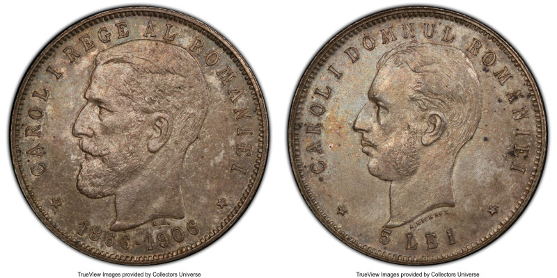 Carol I 5 Lei 1906 AU58 PCGS, KM35, Dav-275. 40th anniversary of reign issue. Fr...