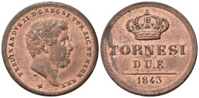NAPOLI. Ferdinando II di Borbone (1830-1859). 2 Tornesi 1843. Magliocca 735. qFDC
