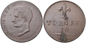 NAPOLI. Francesco II di Borbone (1859-1860). 10 tornesi 1859 (coniato a Roma, rigature oblique sul contorno da destra a sinistra). Cu. Gig. 4b. SPL