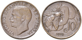 Regno d'Italia. Vittorio Emanuele III (1900-1943) 10 Centesimi 1919 Roma,"Ape". Cu. Gig. 228. Rara. SPL+