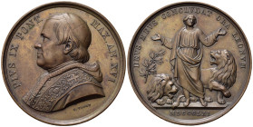 Medaglie Papali. Pio IX (1846-1878). Medaglia 1861 anno XVI - Contro i nemici dello Stato. AE (31,90 g) Opus Voigt. Busto con berretto, mozzetta e sto...
