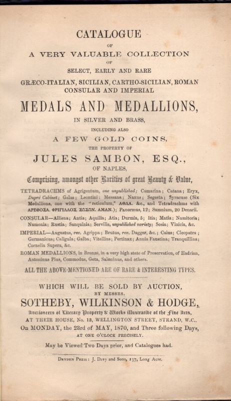 SOTHEBY WILKINSON & HODGE. London, 23 - May, 1870. Catalogue Jules Sambon of Nap...