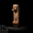 Egyptian Polychrome Lion Support
Late Period-Roman Period, 664 B.C.-323 A.D. A wedge-shaped wooden support or furniture leg carved as the forelegs an...