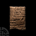 OLD BABYLONIAN CUNEIFORM TABLET, A CONTRACT FOR LAND PURCHASED BY ABUM-IL(UM) FOR ONE SILVER MINE.
CIRCA 1810 B.C. A rectangular ceramic tablet beari...