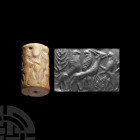 Large Mesopotamian Cylinder Seal with Animals
3rd-2nd millennium B.C. A large limestone cylinder seal bearing an incuse frieze comprising an ibex sta...