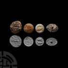 Western Asiatic Stamp Seal Collection
4th-2nd millennium B.C. A group of four large stone stamp seals of discoid and oval form, including jasper (2),...
