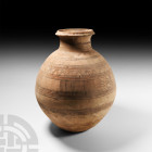 Western Asiatic Jar with Birds
3rd-2nd millennium B.C. An ovoid ceramic jar with waisted neck and collared rim, decorated with polychrome geometric m...