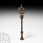 Luristan Master of Animals Sceptre Finial
Circa 8th-7th century B.C. A bifacial bronze sceptre head formed as a Master of Animals atop a collared tub...