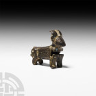 Seljuk Goat Padlock
12th century A.D. A zoomorphic padlock in the form of a standing goat with curved horns, decorated with panels of scrolling folia...