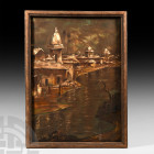 Indian N.S. Bendre River Ghat Painting
Dated [19]61 A.D. A painting of the River Ghat and development along its banks; oil on canvas; signed bottom r...