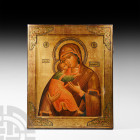 Large Russian Virgin of Vladimir Icon
Circa 1860 A.D. A gilded and painted icon of the Virgin of Vladimir depicting nimbate Mary Theotokos with veile...